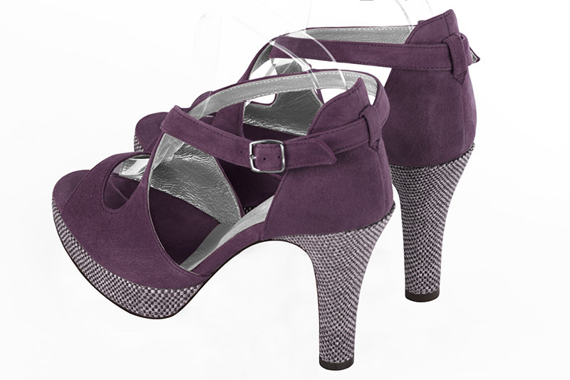 Mulberry purple women's closed back sandals, with crossed straps. Round toe. Very high slim heel with a platform at the front. Rear view - Florence KOOIJMAN
